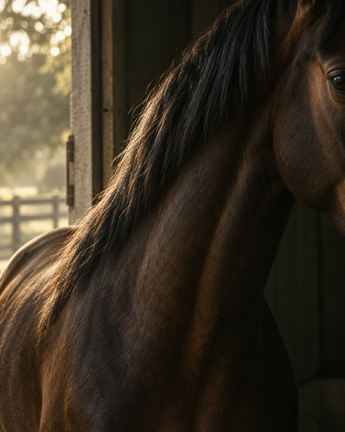 Close detail of a dark bay horse in warm light